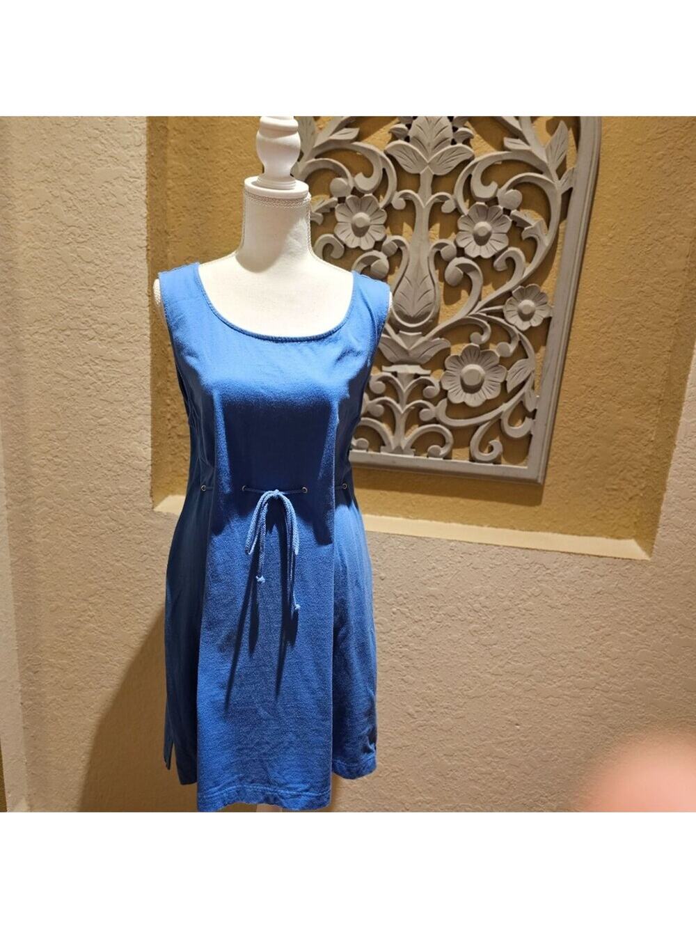 Lands End Women's Sleeveless Blue Nautical Dress W Adjustable Waist Tie - Size L